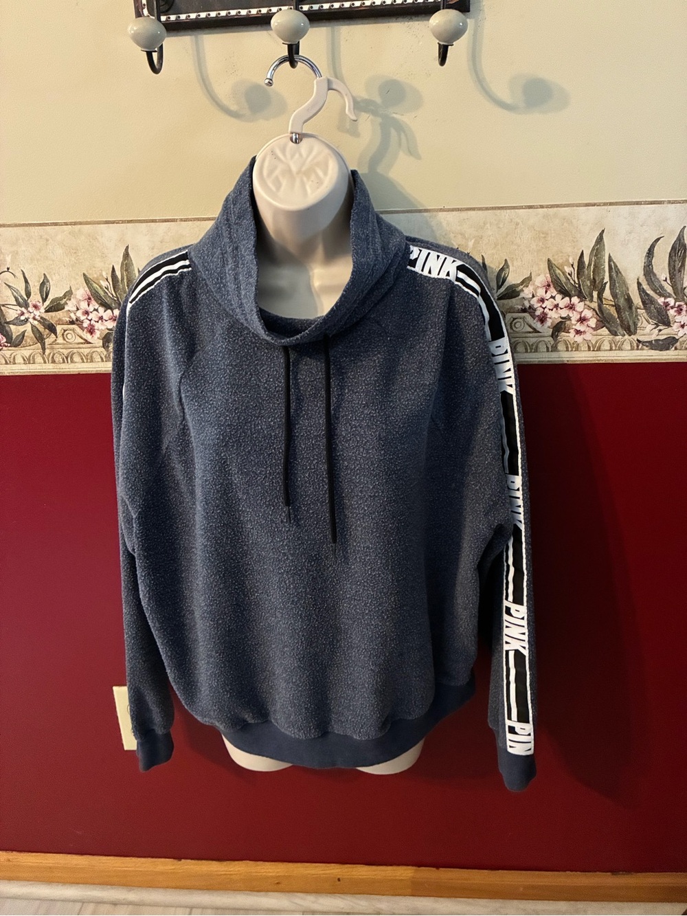 Victoria's Secret Navy Cowl Neck Pullover with White Logo Sleeve Tape